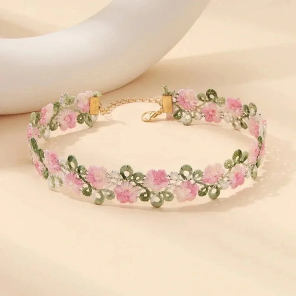 5 pc green white pink floral choker necklace set casual dressy bridal fairy cute - Picture 2 of 5